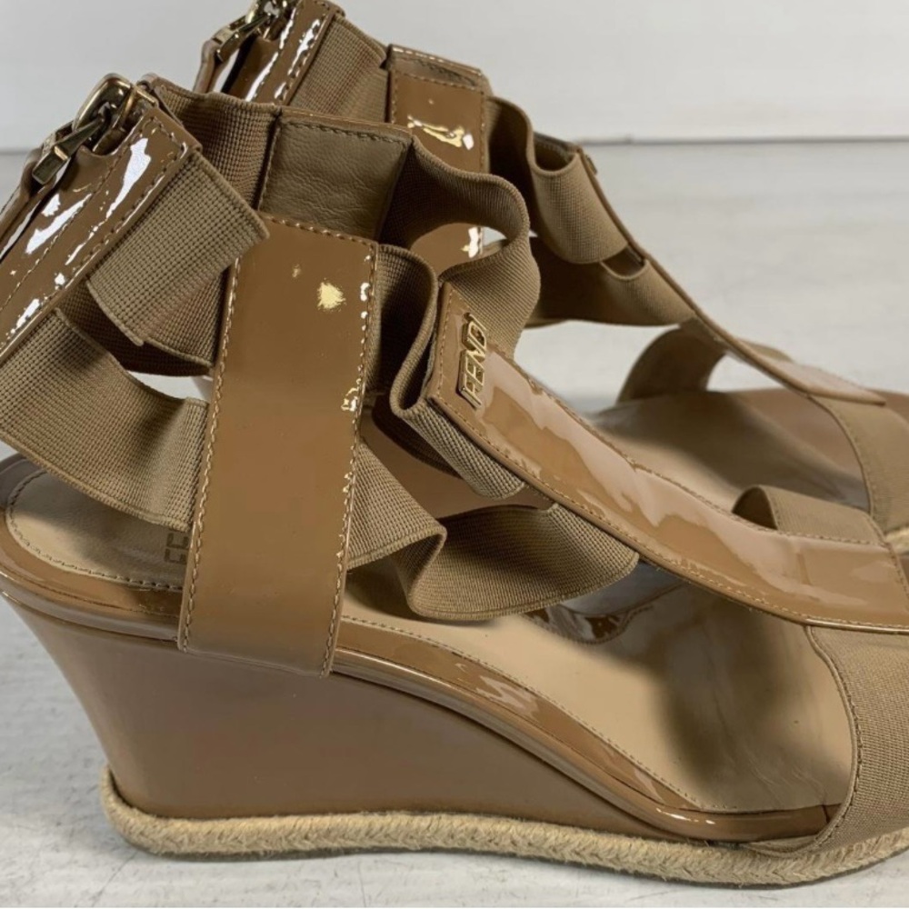 Fendi Patent Leather Tan Wedge Sandals